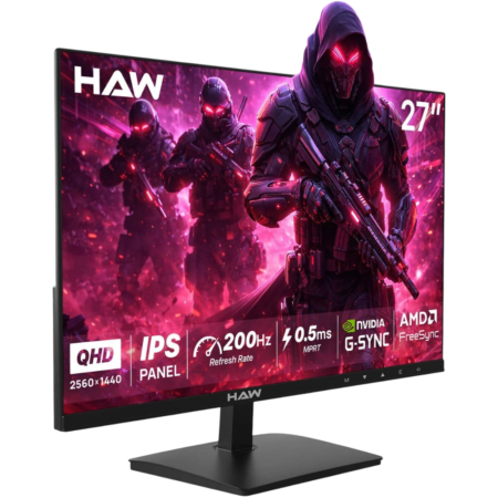 27-inch gaming monitor displaying a red‑glow sci‑fi scene; highlights QHD 2560×1440, IPS panel, 200 Hz, 0.5 ms MPRT, NVIDIA G‑SYNC and AMD FreeSync