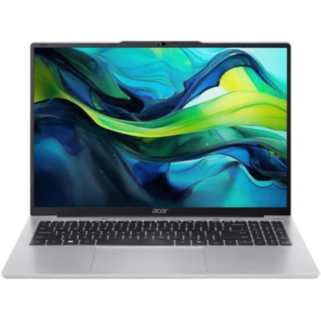 Acer laptop open facing forward with a vibrant blue‑green wallpaper on the screen and a silver body with a black keyboard.