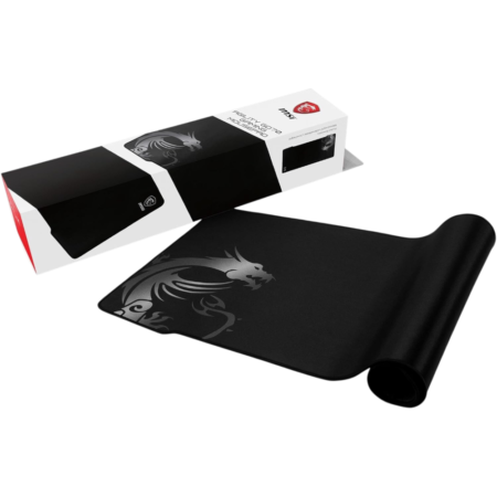 Extended black gaming mouse pad with a silver dragon logo, partially rolled beside its MSI box.