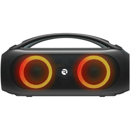 Front view of a black portable Bluetooth speaker with two orange circular LED rings on the grille and a top handle.