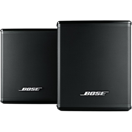 Pair of black Bose speakers facing forward with perforated grills and white Bose logo at the bottom right (stereo setup).