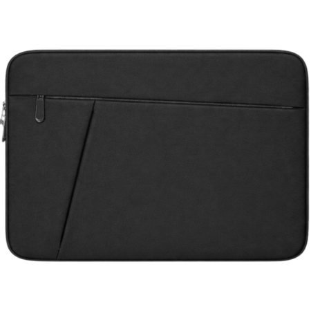Black laptop sleeve with horizontal zipper pocket on top and angled side pocket panels, slim protective case for a laptop.
