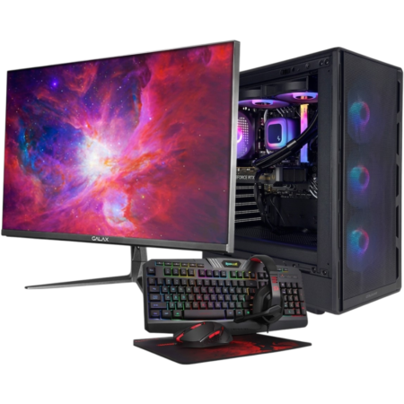 Gaming PC setup with a large curved monitor, RGB keyboard, mouse, and headset in front of a tower with visible cooling fans and RGB lighting.