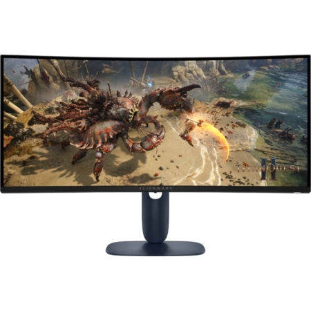Curved Alienware gaming monitor showing an action scene with a giant crab-like boss battling a warrior on a beachscape that frames the screen edge-to-edge.