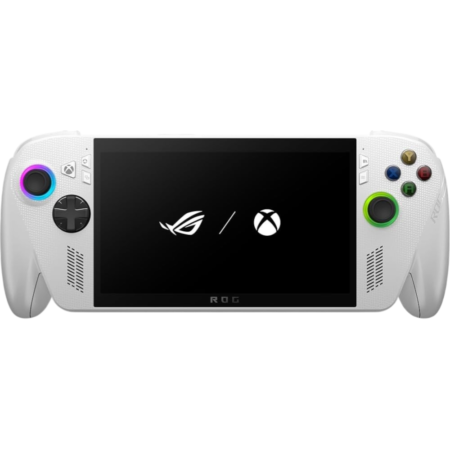 White handheld gaming console with a large black screen, colorful left joystick and right thumbsticks, showing ROG/Xbox logos on screen.