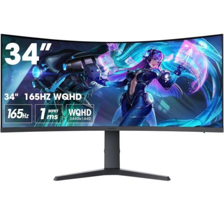 34-inch curved gaming monitor on a stand with vibrant sci-fi artwork (ultrawide, 165Hz).