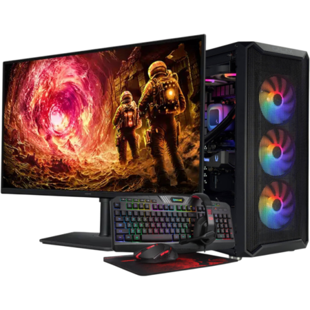 Gaming desktop with RGB-lit keyboard and mouse, headset, and a wide monitor showing a sci‑fi scene on the screen.