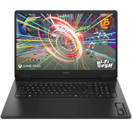 Open gaming laptop displaying a colorful action game on the screen, with neon light trails and Game Pass logo in the corner, OMEN branding on the bezel.