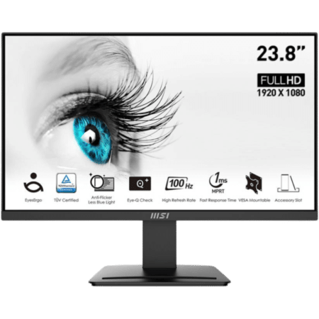 23.8-inch full HD monitor on a stand, displaying a close-up blue eye with status icons along the bottom.
