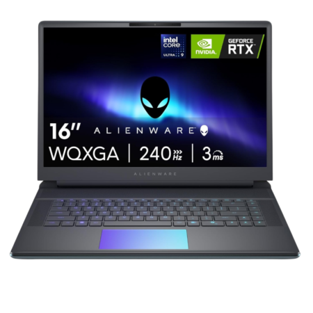 Alienware 16-inch gaming laptop open, showing RTX graphics, 240 Hz, and 3 ms response time badges on screen bezel.