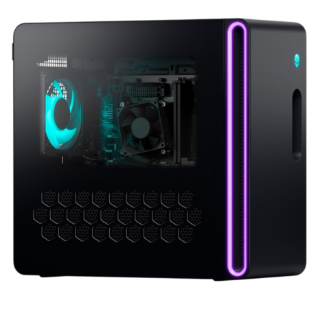 Gaming PC with a transparent side panel showing turquoise cooling fans and internal hardware, neon purple vertical LED accent on the front panel.