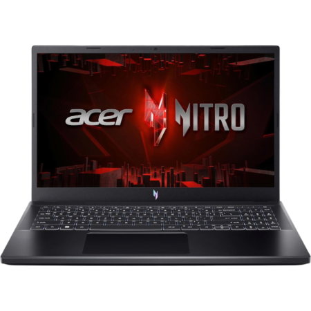 Open Acer Nitro gaming laptop showing a red futuristic screen with the Acer logo on display to suggest gaming branding.