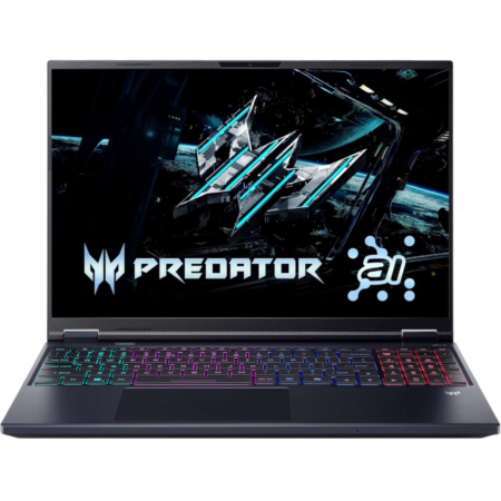 Gaming laptop with rainbow RGB keyboard and a futuristic Predator wallpaper on the screen (Predator logo visible).