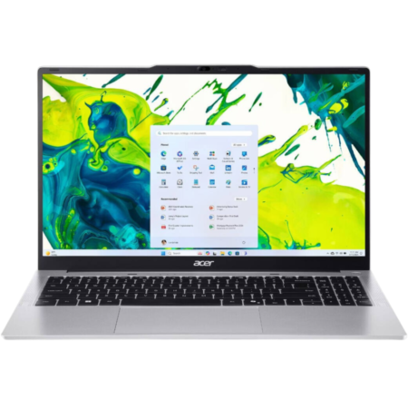 Open silver Acer laptop showing Windows 11 Start menu on a vibrant abstract wallpaper, frontal view.