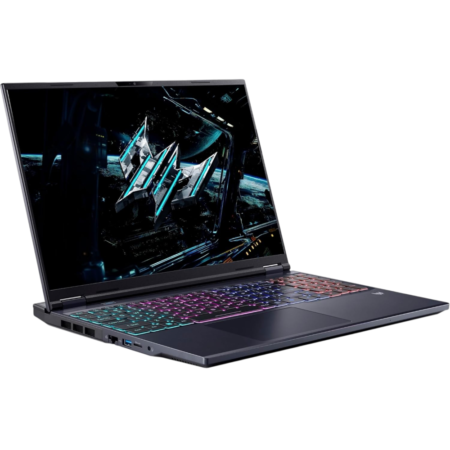 Gaming laptop with RGB backlit keyboard open, displaying a sci‑fi logo on the screen against a black background.