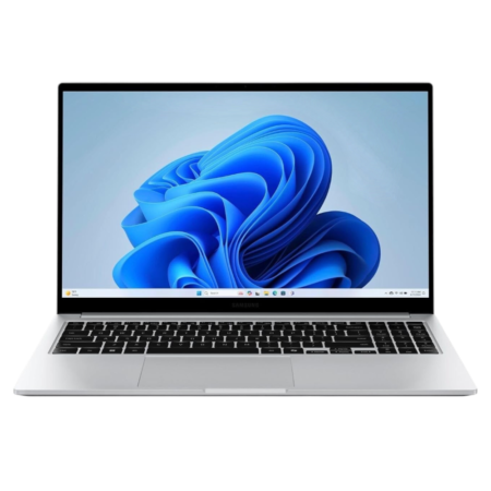 Open silver laptop with black keyboard displaying a blue abstract wallpaper on a dark background.