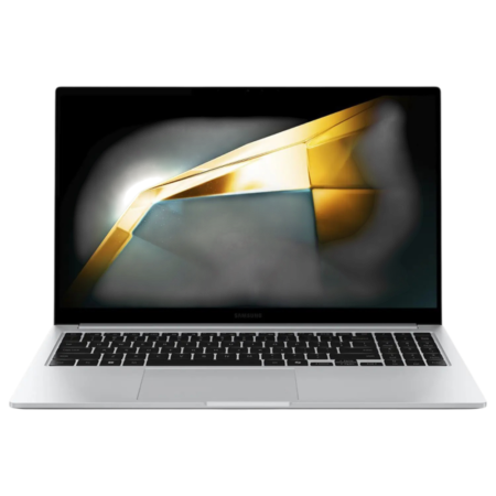 Open silver Samsung laptop showing a dark screen with a golden abstract glow across the display and a black keyboard area beneath it.