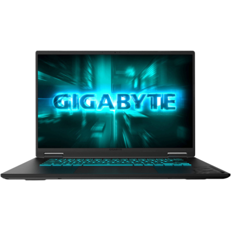 Gaming laptop with cyan backlit keyboard and screen showing a glowing GIGABYTE logo.