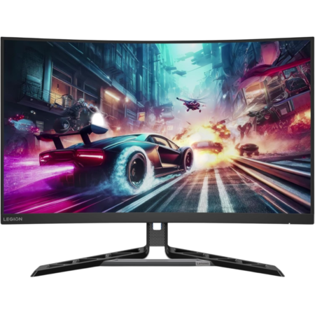 Lenovo Legion curved gaming monitor displaying a neon-fueled futuristic race scene with a blue sports car in pursuit bustle of city streets.