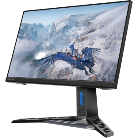 Lenovo Legion gaming monitor on a stand displaying a dragon rider flying over snow-covered mountains.