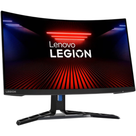Lenovo Legion curved gaming monitor on a stand, screen shows a red-blue neon tunnel with the Legion logo.