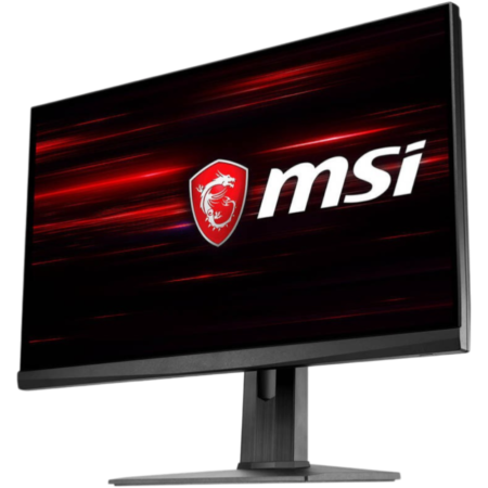 Widescreen monitor on a stand displaying the MSI logo against a red streaky background.