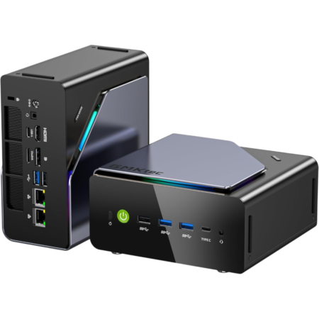 Two black mini desktop computers with glossy front panels and blue LED accents, shown side by side on a dark background.