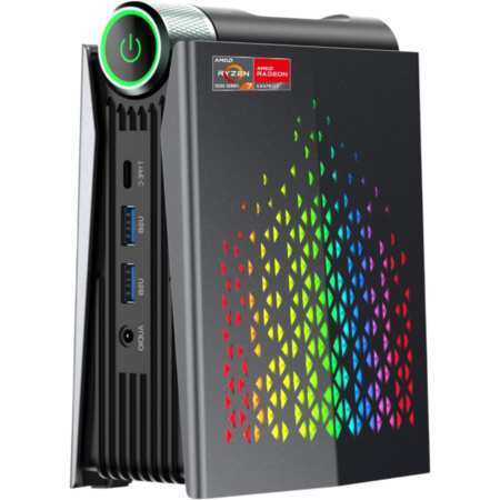 Compact gaming PC tower with a rainbow RGB panel on the front and green-lit power button at the top left.