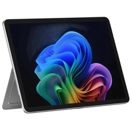 Tablet on a built-in kickstand, displaying a bright multicolored abstract wallpaper