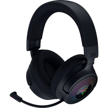 Black over-ear gaming headset with upfiring mic and rainbow RGB ring on ear cup, brand logos visible (Razer/THX).