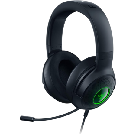 Black over-ear gaming headset with a built-in microphone and a green illuminated logo on the ear cup