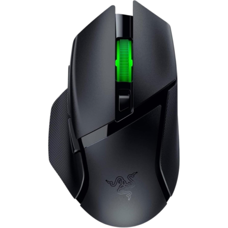 Black gaming mouse with angular design, glowing green scroll wheel, textured side grips, and a subtle Razer logo on the palm area.