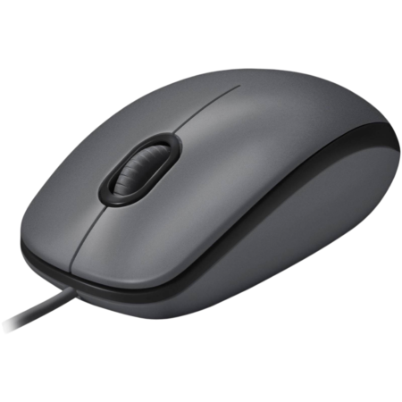 Gray wired computer mouse shown from a top-left angle with a black scroll wheel and cord extending from the front, against a black background.