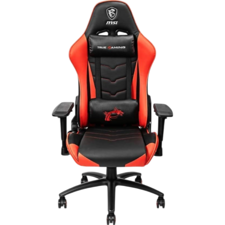 Red and black MSI True Gaming ergonomic gaming chair with padded headrest and lumbar support on a five-wheel base.