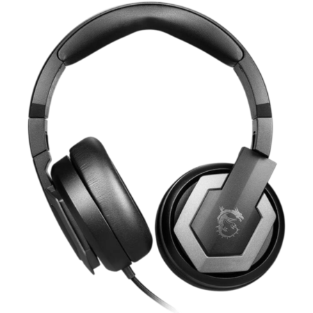 Over-ear wired gaming headset with a black and gray color scheme and a metallic hexagonal earcup design
