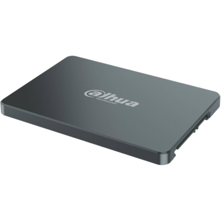 Gray external SSD enclosure with rounded corners, angled view, featuring a Qhua Technology logo on top