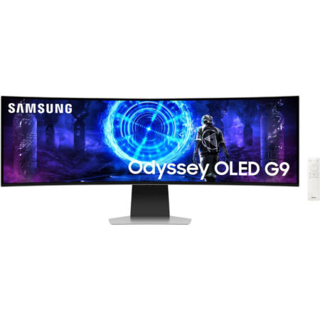 Samsung Odyssey OLED G9 curved ultrawide monitor with stand and remote, displaying a blue futuristic scene.