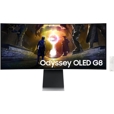 Ultra-wide monitor on a stand displays a sci‑fi scene with two figures and a glowing portal; 'Odyssey OLED G8' text visible on screen.