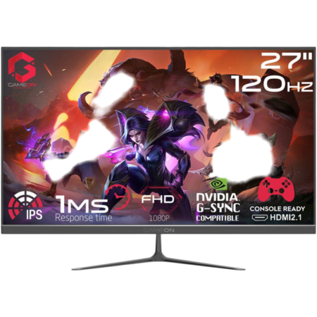 27-inch gaming monitor displaying a fantasy game scene; highlights 120 Hz, FHD, IPS, NVIDIA G-SYNC, HDMI 2.1