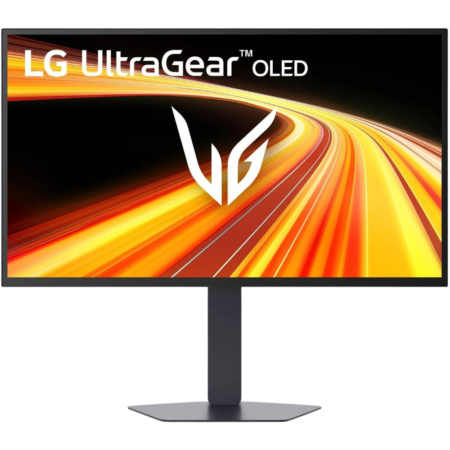 LG UltraGear OLED gaming monitor on a stand displaying vibrant racing light graphics.