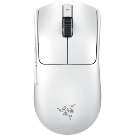 White wireless computer mouse viewed from the top, with a black scroll wheel and a small green indicator light.
