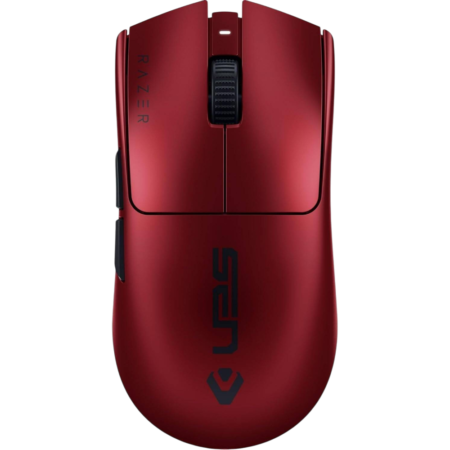 Top-down view of a glossy red gaming mouse with a black scroll wheel, side buttons, and a Razer logo along the bottom edge of the body.