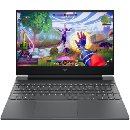 Open gaming laptop showing a colorful fantasy action game on the screen, with a glowing magic orb and enemies in a forest setting.