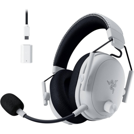 White over-ear gaming headset with black cushions, attached boom mic, and wireless USB dongle.