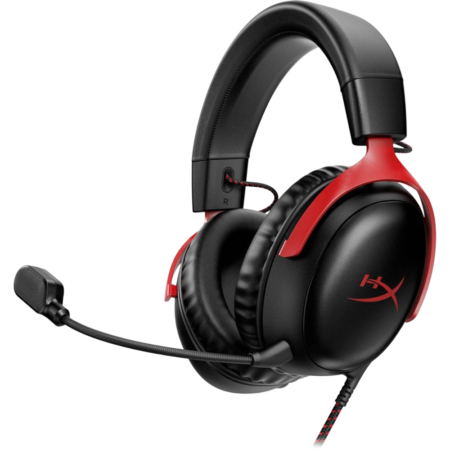 Red-and-black gaming headset with attached microphone and cushioned ear cups, branded HyperX logo visible on ear cups