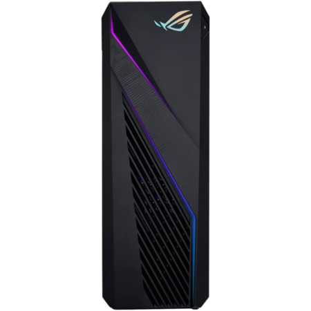 Black gaming desktop tower with diagonal RGB light strip and ROG logo at the top front panel.