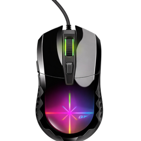 Wired gaming mouse with ergonomic black shell, green illuminated scroll wheel, and multicolor RGB glow on the palm area.