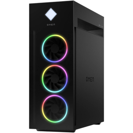 Black OMEN gaming PC tower with three front RGB-lit fans and logo on a dark chassis