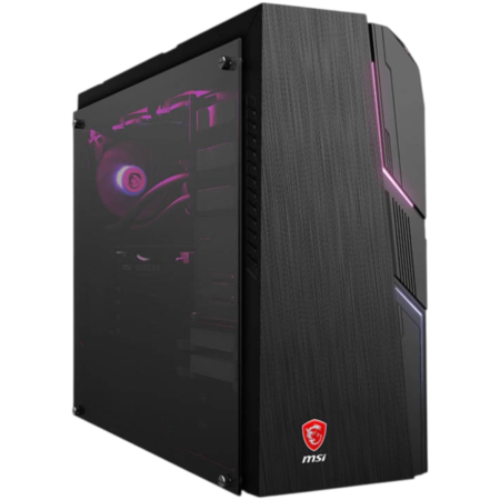 MSI gaming PC tower with a glass side panel and purple RGB lighting.