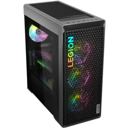 Lenovo Legion gaming desktop tower with RGB-lit mesh front and side glass panel showing internal components behind a tinted window